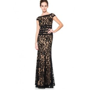 NWT TADASHI SHIOJI EMBROIDERED LACE BOATNECK CAP SLEEVE GOWN BLACK /NUDE SIZE 12